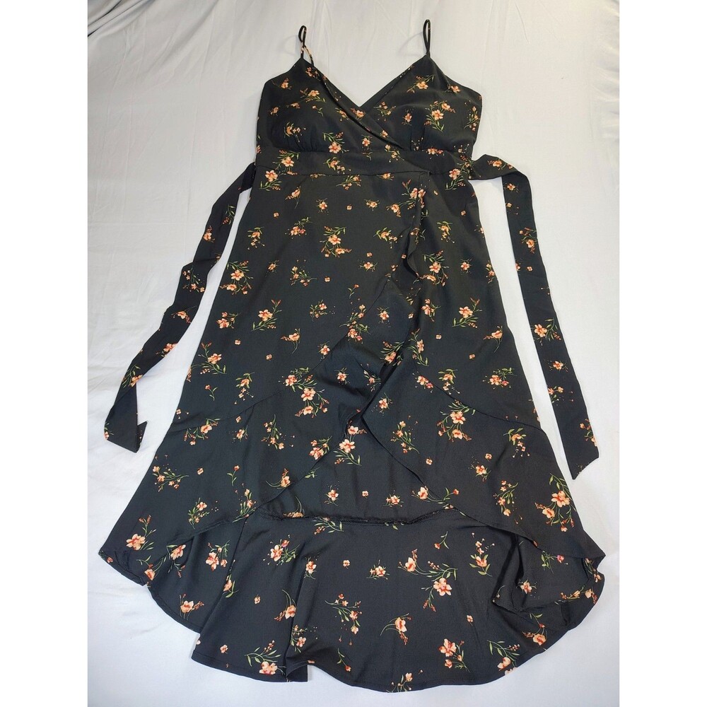 No Boundaries Spaghetti Strap High Low Ruffle Hem Dress Sz XL 15-17 Black Floral